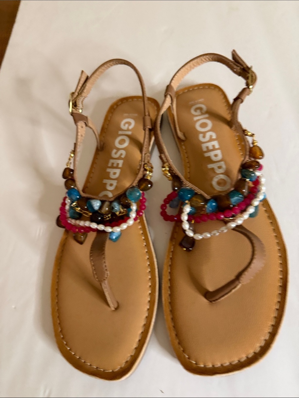 Gioseppo Tan Beaded T-Strap Sandals with Colorful Accent Beads